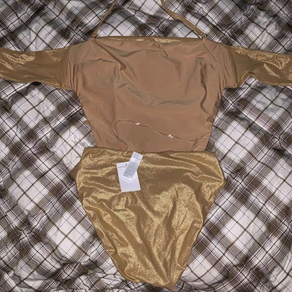 GOOD AMERICAN gold metalic shine  one piece swimsuit bikini sz 3 or 12-14 - Picture 8 of 8
